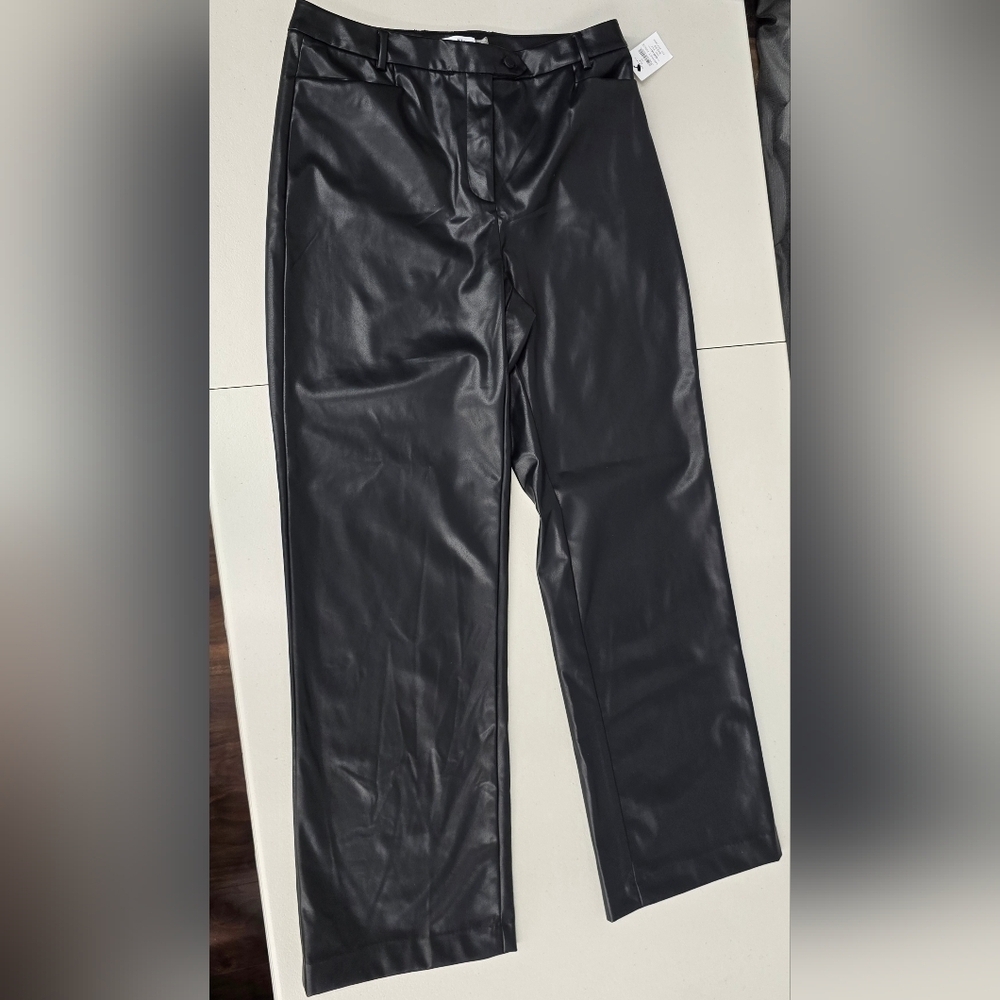Calvin Klein Faux Leather Pants Women Size 10 Straight Leg Fashion, Black
